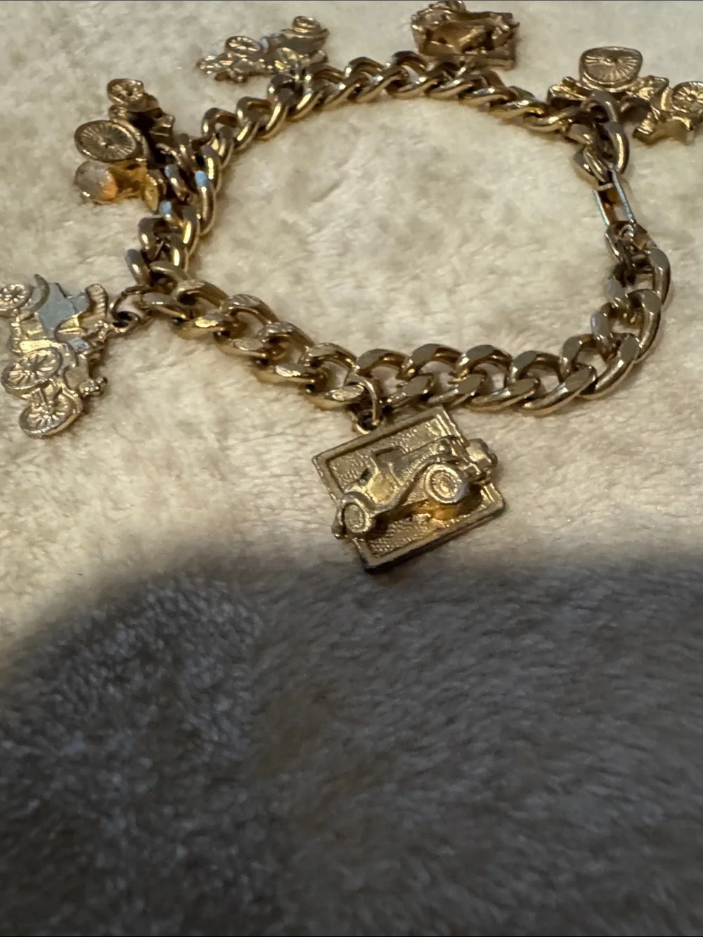 Vintage Gold Charm Bracelet with Car & Carriage Charms